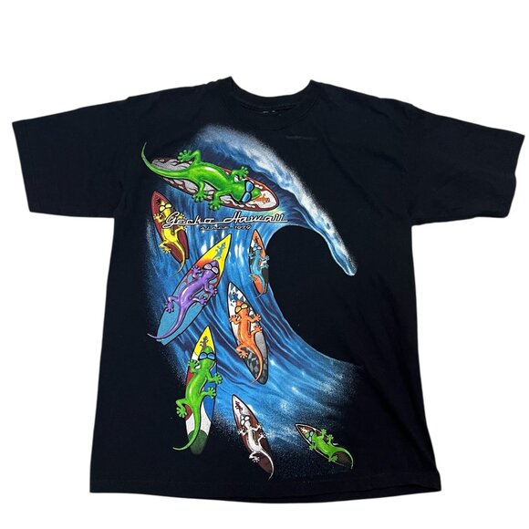 Vintage Gecko Hawaii Shirt Kids XL 8 Geckos On Gecko Boards Black Short Sleeves - Picture 1 of 3
